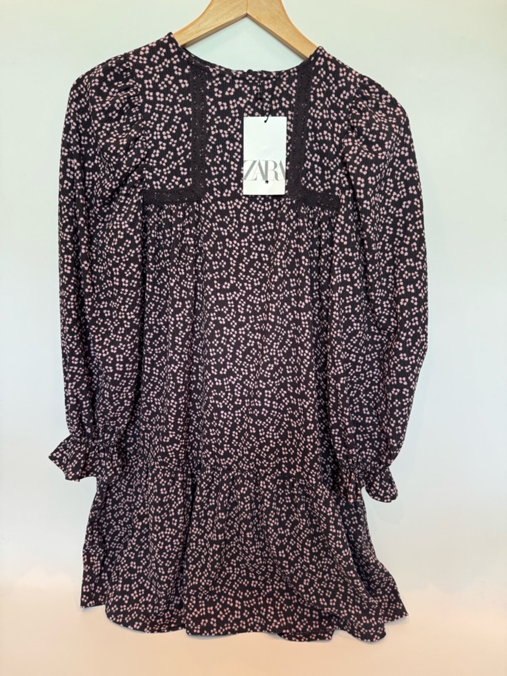 Zara Black Dress with Pink Floral Print and Lace Trim